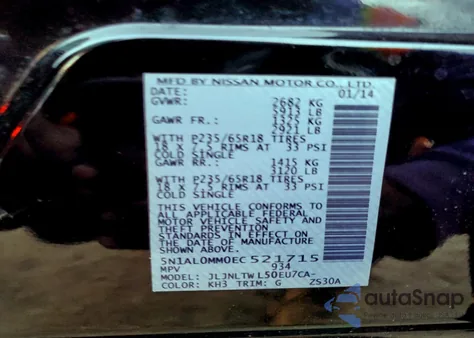 2014 Infiniti Qx60 z USA, uszkodzony, nr VIN 5N1AL0MM0EC521715